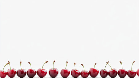 A visually appealing arrangement of fresh ripe cherries lined neatly on a clean white surface, perfect for showcasing healthy eating and culinary uses.の素材