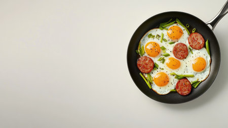 A vibrant frying pan filled with freshly cooked eggs, savory sausage, and green onions. Perfect for a hearty breakfast or brunch option that delights the senses.の素材