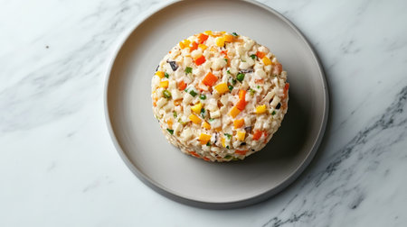 A vibrant vegetable rice dish served on a gray plate against a marble background. This visually appealing meal highlights freshness and wholesome ingredients, perfect for any occasion.の素材