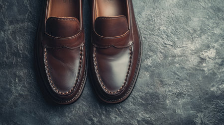 This image showcases elegant brown leather loafers placed on a dark textured surface. The shoes emphasize quality craftsmanship and timeless style, suitable for various occasions.の素材