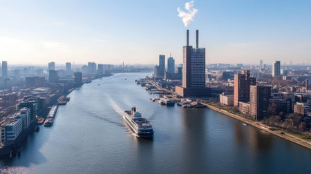 A breathtaking aerial view of a serene river flowing through an urban landscape. Industrial buildings rise against a clear sky, while a boat gracefully navigates the waterway.の素材