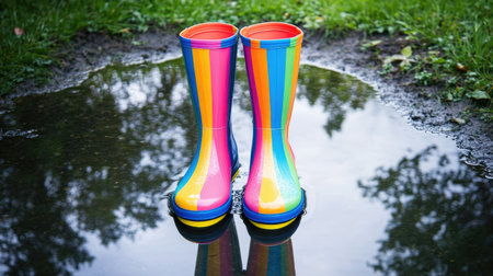 Brightly colored rain boots are positioned in a puddle, showcasing their vibrant design and reflecting natureの素材
