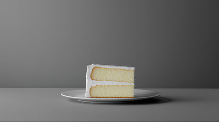A beautifully presented slice of vanilla cake with white frosting sits on a simple plate. The minimalist gray background enhances the elegant design of this delightful dessert.の素材