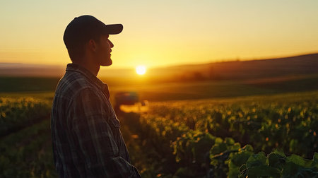 A silhouetted farmer admires a stunning sunset over vineyard fields. This serene moment captures the essence of agricultural life and nature's beauty.の素材