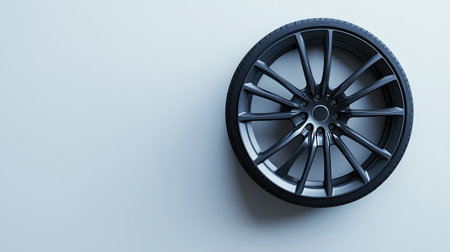 A sleek black alloy car wheel showcasing modern design and smooth tire surface. Ideal for automotive projects, advertisements, and vehicle-related themes.の素材