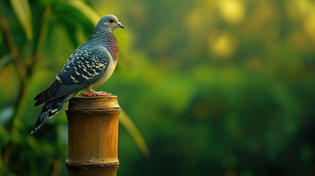 A vibrant bird perches gracefully on a bamboo stalk, surrounded by a lush green background. This serene scene showcases the beauty of wildlife in nature.の素材