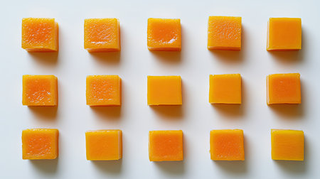 A visually striking arrangement of colorful orange gelatin cubes on a pristine white background, showcasing their smooth texture and inviting appeal.の素材