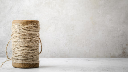 A rustic twine roll sits atop a wooden spool against a neutral background, perfect for crafts or decoration, evoking a sense of simplicity and warmth.の素材