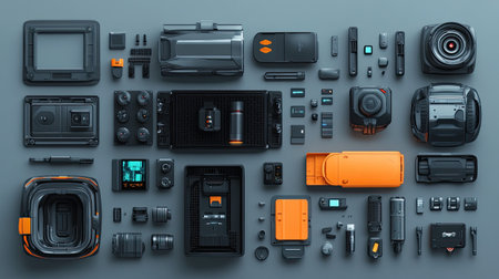 A visually striking flat lay of camera equipment in black and orange. Perfect for creative projects showcasing photography accessories and gear.の素材