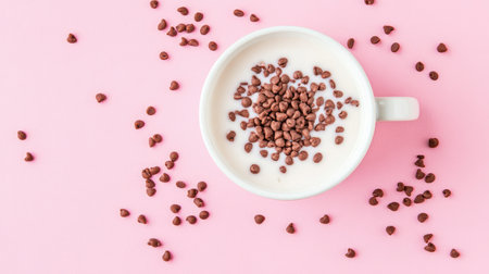 A delightful bowl of smooth white yogurt topped with chocolate sprinkles, set against a playful pink background, perfect for food photography or dessert concepts.の素材