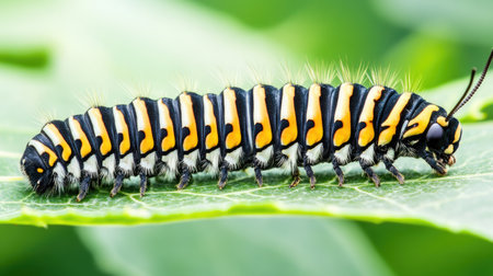 Vibrant close-up of a colorful caterpillar crawling on a green leaf, showcasing intricate patterns and textures in nature. Perfect for wildlife enthusiasts.の素材