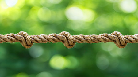 This image captures a close-up view of a beautifully tied knot made of natural jute rope against a lush green background, symbolizing strength and connection.の素材