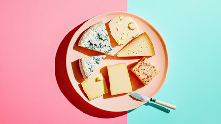 A beautiful assortment of various cheeses displayed on a round plate, set against a vibrant pink and teal background. Ideal for food photography or culinary inspirations.の素材