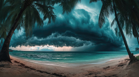 A stunning view of dramatic storm clouds gathering over a tropical beach at sunset, with palm trees framing the scene, creating an atmospheric, serene ambiance.の素材