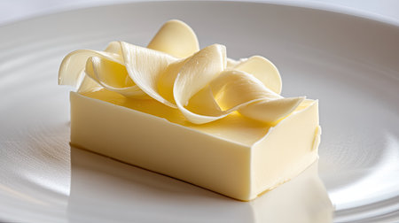 This image showcases a creamy butter block elegantly topped with delicate curls. The fresh and rich texture makes it perfect for culinary creations.の素材
