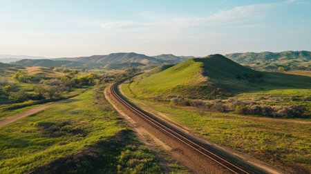 A stunning landscape featuring a curved railway track winding through lush green hills, capturing the essence of nature's tranquility and beauty.の素材