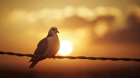 A tranquil bird sits on a wire, illuminated by a warm golden sunset. The peaceful scene captures the essence of nature's beauty and calmness.の素材