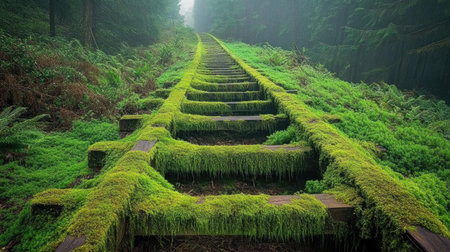 This serene image showcases an overgrown railway track enveloped in lush green moss, surrounded by dense forest and mist, evoking tranquility and mystery.の素材
