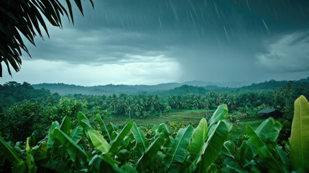 A captivating scene of dramatic rainfall sweeping over a lush tropical landscape, showcasing vibrant greenery and a serene atmosphere in Bali.の素材