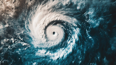 Dramatic aerial view of a powerful hurricane swirling over the ocean, showcasing the natural energy and beauty of weather phenomena.の素材