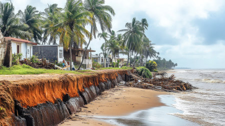 This image captures the effects of coastal erosion on beachfront homes, showcasing palm trees and natural scenery against a turbulent ocean backdrop.の素材