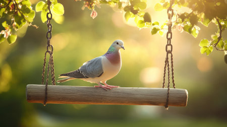 A charming pigeon sits gracefully on a wooden swing, surrounded by lush green leaves. The soft sunlight creates a warm, tranquil atmosphere perfect for nature lovers.の素材
