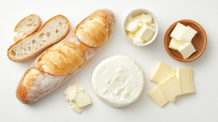 A fresh baguette paired with a variety of cheeses and butters showcases a delicious culinary arrangement perfect for snacks or meals. Ideal for food photography.の素材