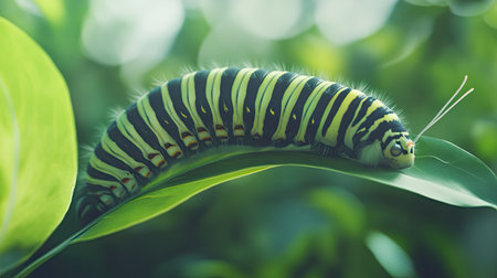 Captivating image of a vibrant caterpillar resting on a lush green leaf, showcasing intricate details and vivid colors, perfect for nature enthusiasts.の素材