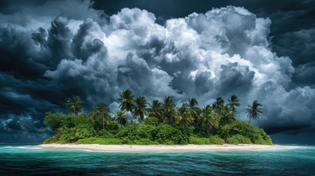 Captivating view of a remote tropical island surrounded by azure water. Dramatic storm clouds gather overhead, contrasting with lush greenery and palm trees.の素材