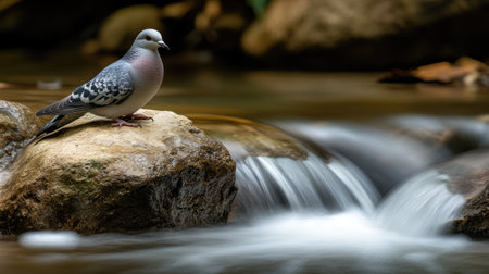 A beautiful bird perches on a rock beside a flowing stream, capturing the essence of nature. This serene scene showcases wildlife in a tranquil setting.の素材