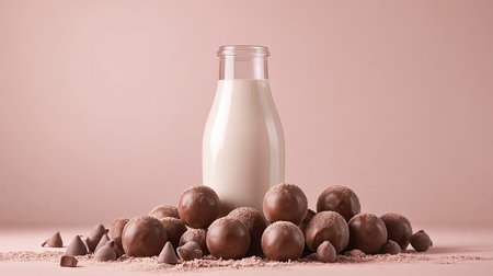 A delightful composition featuring a glass bottle of milk surrounded by rich chocolate balls and cocoa powder. Perfect for dessert themes.の素材