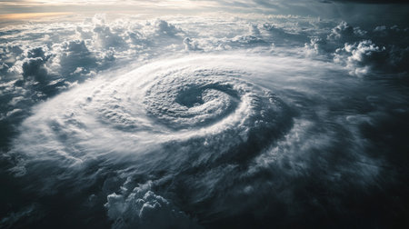 A stunning aerial view of a powerful cyclone forming above the ocean, showcasing swirling clouds and dramatic atmospheric conditions under a captivating sky.の素材