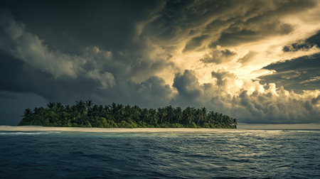 Captivating view of a remote island surrounded by deep blue ocean under a dramatic sky filled with clouds, showcasing vibrant tropical vegetation and serenity.の素材