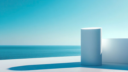 This image showcases a minimalist coastal scene featuring a white cylindrical structure against a backdrop of a serene blue sea and sky. Perfect for conveying tranquility.の素材