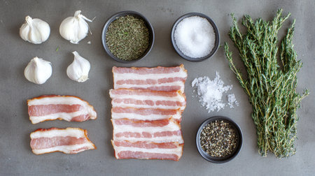 A visually appealing arrangement of fresh cooking ingredients including bacon, garlic, thyme, and spices. Perfect for culinary creations and food photography.の素材