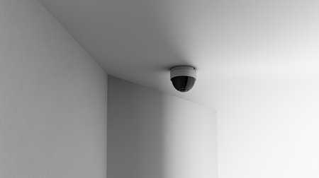 A sleek and modern security camera installed in the corner of a minimalist interior. This image emphasizes technology and safety in a professional setting.の素材