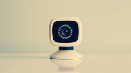 A minimalist security camera stands prominently against a soft background. The design features a sleek white body with a prominent lens, emphasizing modern technology.の素材