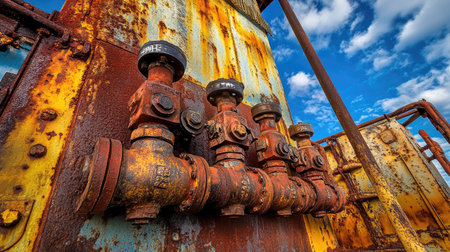 Detailed view of rusty industrial valves showcasing weathering and decay on a metal surface under a bright blue sky, emphasizing texture and industrial aesthetics.の素材