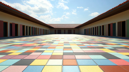 Bright and colorful mosaic floor spreads across an open courtyard, showcasing vibrant tiles under a clear blue sky, inviting a sense of tranquility and beauty.の素材