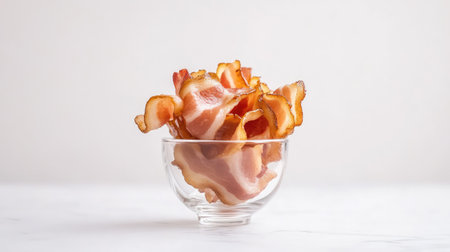 Savory crispy bacon strips arranged in a clear glass bowl. Perfect for food photography, cooking blogs, or breakfast recipes. Ideal for culinary projects.の素材