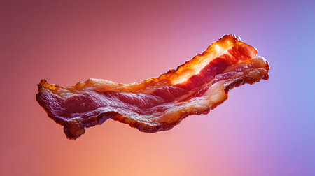 A floating crispy bacon strip over a vibrant gradient background, showcasing its delicious texture and mouthwatering appearance, perfect for food photography.の素材