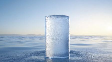 This serene image features a crystal clear ice cylinder rising from tranquil blue water under a clear sky, embodying purity and minimalism in nature.の素材