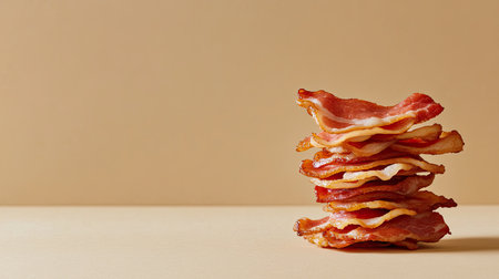 A mouthwatering stack of crispy bacon arranged on a plain background, showcasing its appetizing texture and delicious appeal, perfect for food lovers.の素材