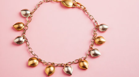 A chic charm bracelet featuring gold and silver leaf shapes set against a soft pink background, perfect for adding a touch of elegance to any outfit.の素材