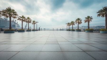 A serene waterfront promenade lined with palm trees offers a tranquil escape. The spacious area invites relaxation and provides picturesque views of the coastline.の素材