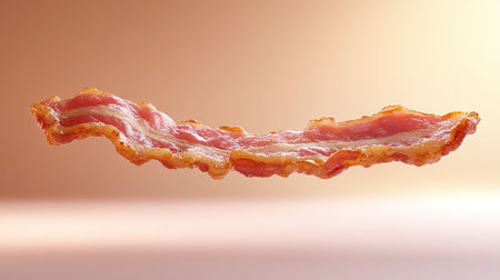 This stock photo showcases perfectly cooked bacon strips floating elegantly, highlighting the crispy texture and savory color against a soft background. Ideal for culinary use.の素材