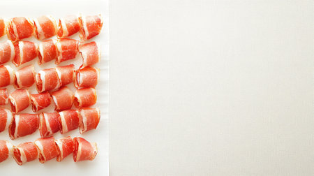 A visually appealing arrangement of prosciutto slices wrapped neatly, perfect for culinary presentations, appetizers, or gourmet meals. Ideal for food photography.の素材