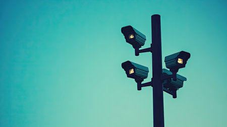 A striking view of surveillance cameras mounted on a pole against a turquoise sky at dusk, showcasing modern security technology in an urban setting.の素材