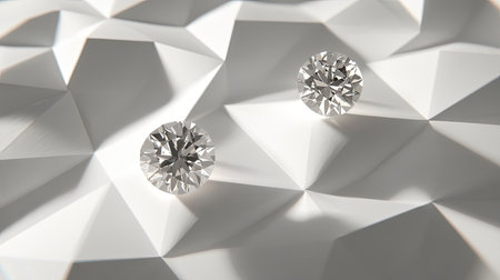 Two exquisite diamonds rest elegantly on a textured white surface, illuminated by soft light that enhances their brilliance and clarity, evoking luxury.の素材