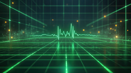 This abstract digital visualization features a neon green sound wave against a grid background, embodying modern technology and energy in a visually striking design.の素材